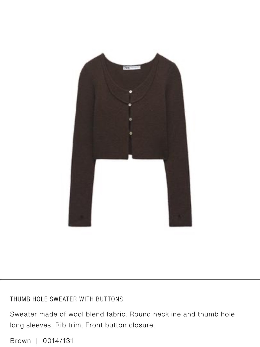 Zara Brown Cropped Button-Front Thumbhole Sweater